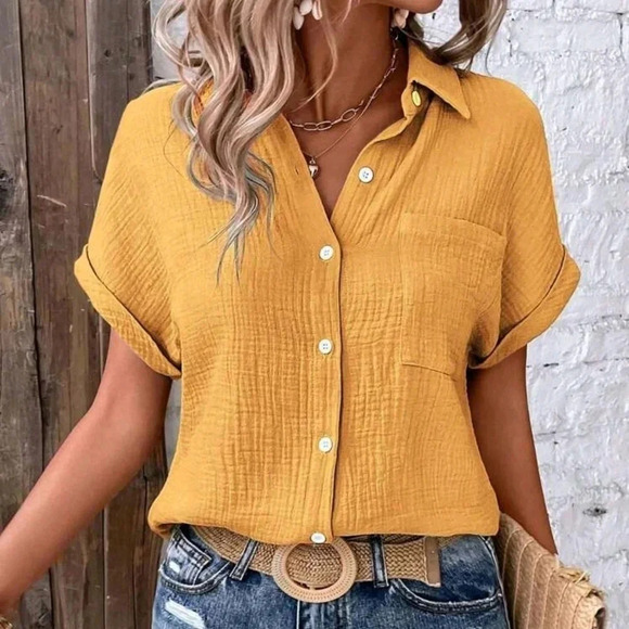 Cotton Crinkle Short Sleeve Button Down Shirt - Picture 5 of 5